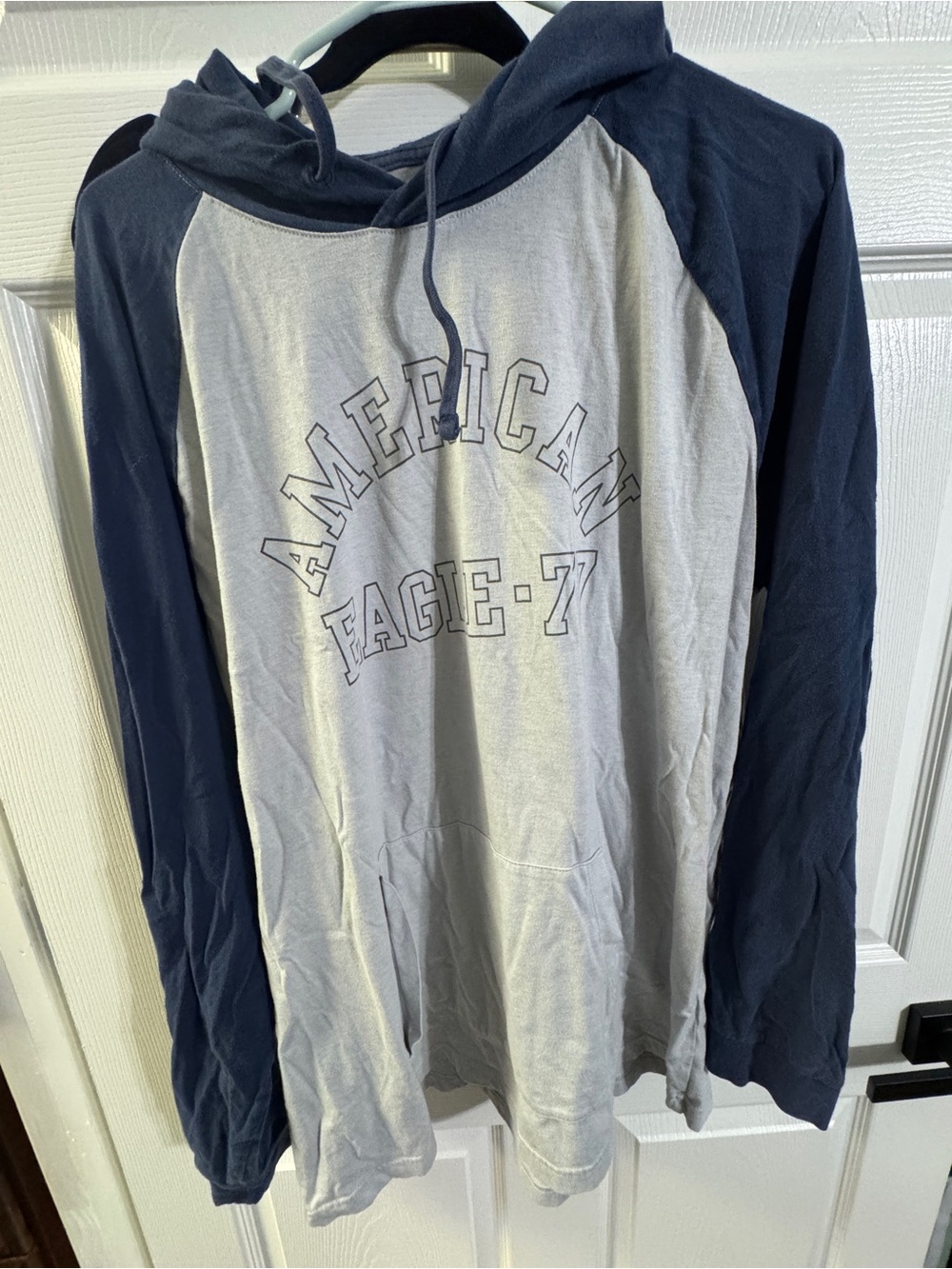 American Eagle Outfitters Men’s Navy and Light Gray Raglan Hoodie